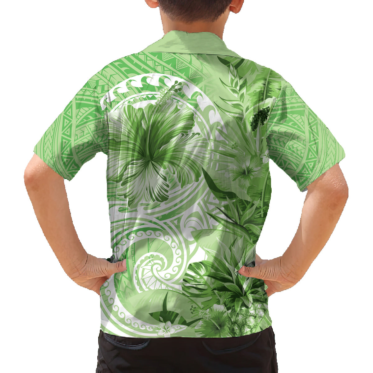 Polynesian Hibiscus Flower Tribal Family Matching Summer Maxi Dress and Hawaiian Shirt Lime Green Color LT9 - Polynesian Pride