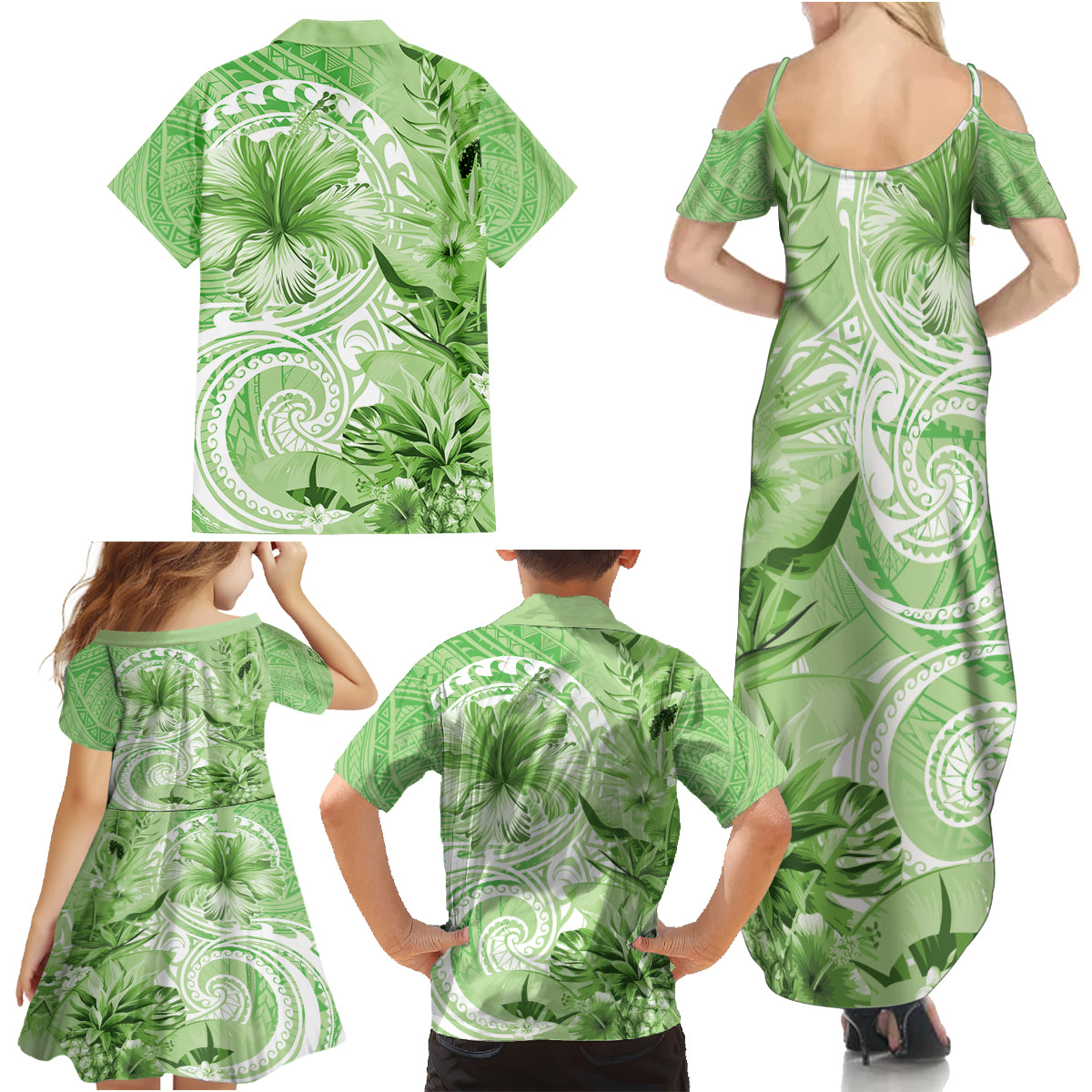 Polynesian Hibiscus Flower Tribal Family Matching Summer Maxi Dress and Hawaiian Shirt Lime Green Color LT9 - Polynesian Pride