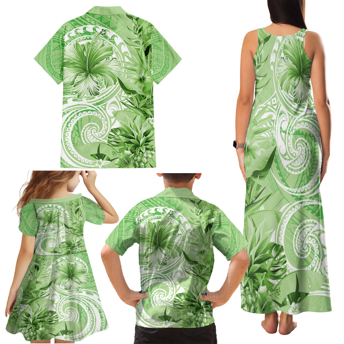 Polynesian Hibiscus Flower Tribal Family Matching Tank Maxi Dress and Hawaiian Shirt Lime Green Color LT9 - Polynesian Pride