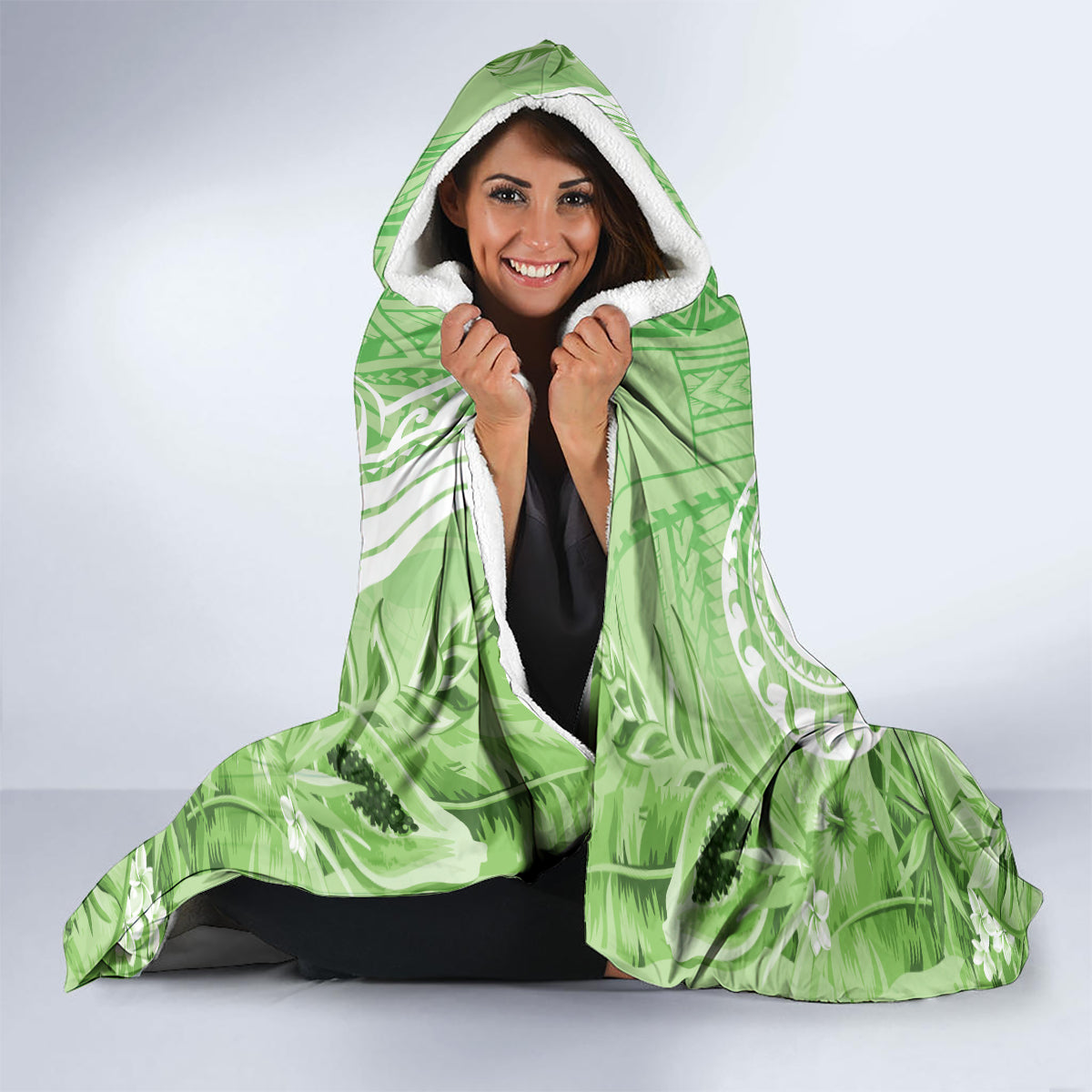 Polynesian Hibiscus Flower Tribal Hooded Blanket Lime Green Color