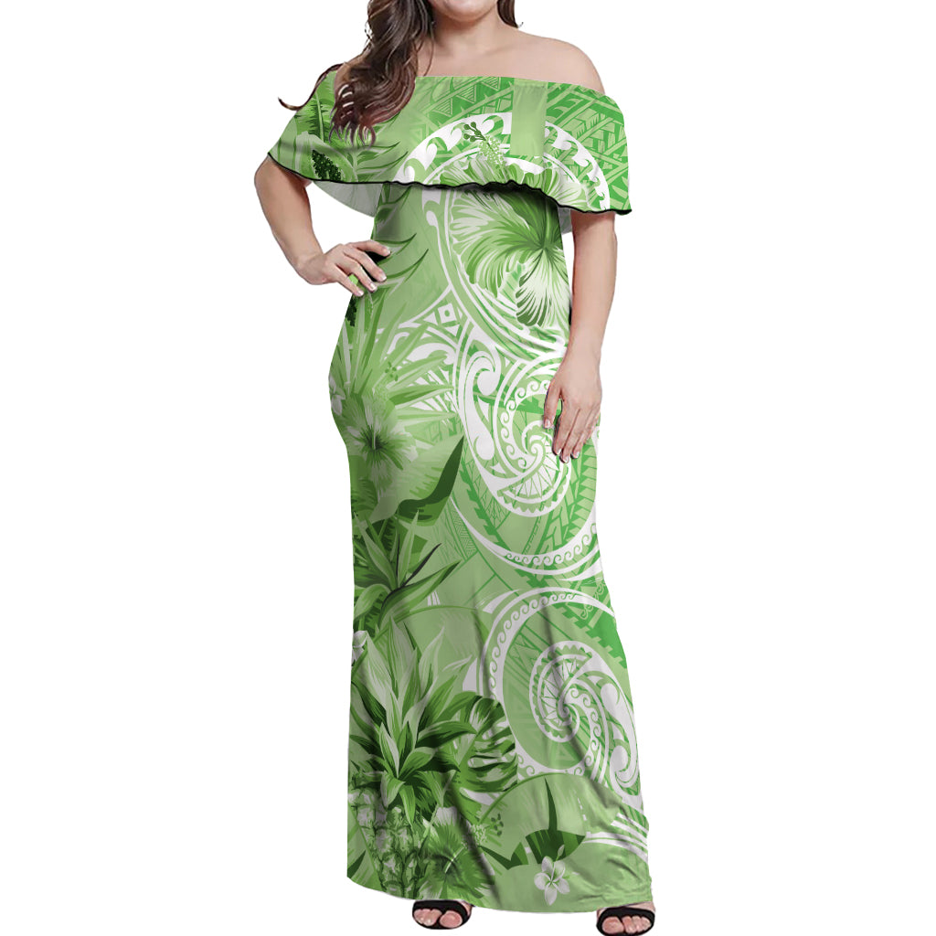 Polynesian Hibiscus Flower Tribal Off Shoulder Maxi Dress Lime Green Color LT9 Women Lime Green - Polynesian Pride