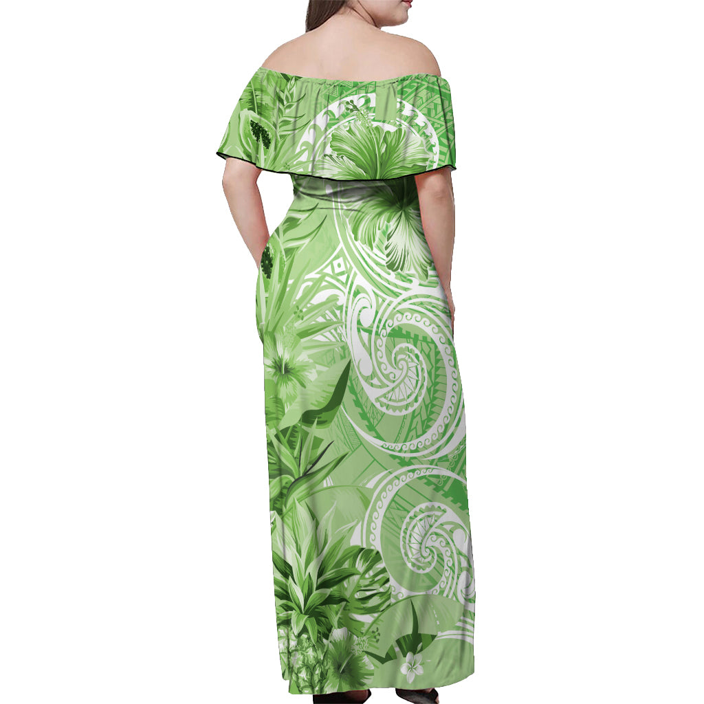 Polynesian Hibiscus Flower Tribal Off Shoulder Maxi Dress Lime Green Color