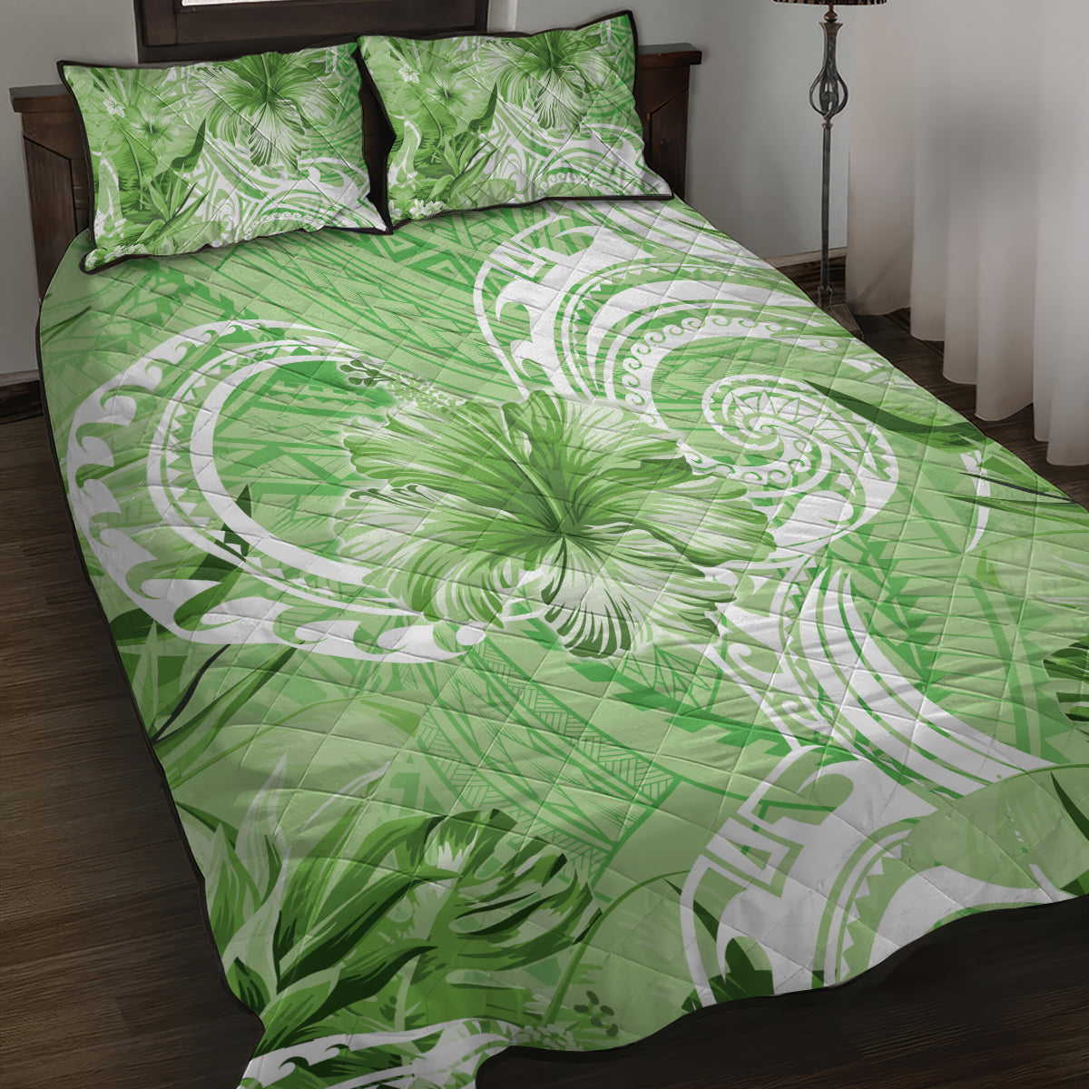 Polynesian Hibiscus Flower Tribal Quilt Bed Set Lime Green Color