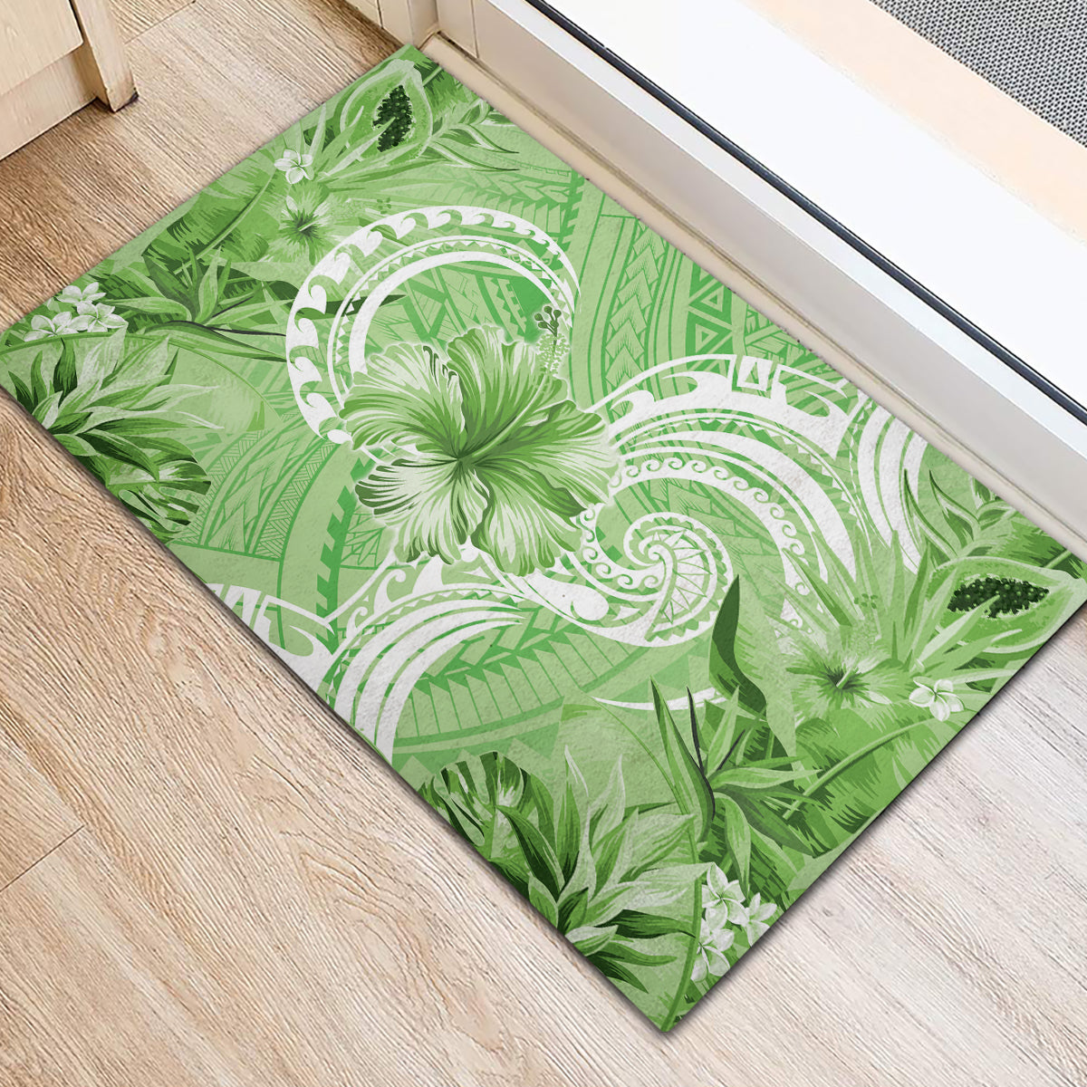 Polynesian Hibiscus Flower Tribal Rubber Doormat Lime Green Color