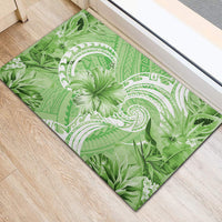 Polynesian Hibiscus Flower Tribal Rubber Doormat Lime Green Color