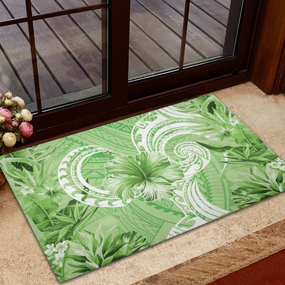 Polynesian Hibiscus Flower Tribal Rubber Doormat Lime Green Color