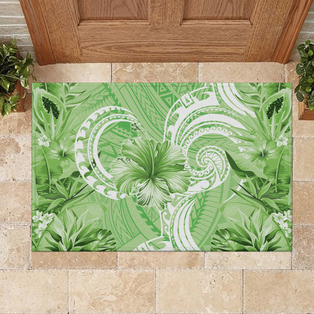 Polynesian Hibiscus Flower Tribal Rubber Doormat Lime Green Color