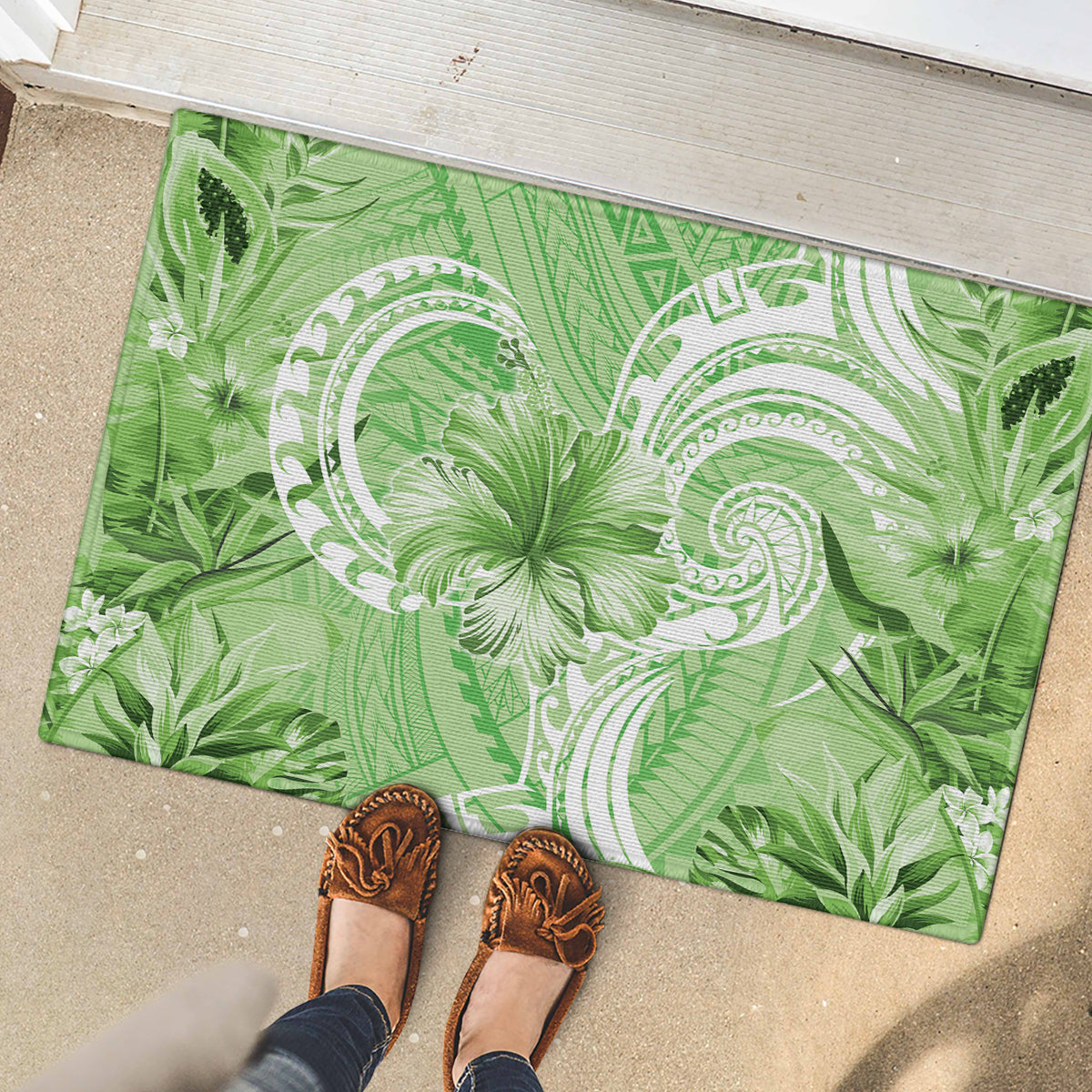 Polynesian Hibiscus Flower Tribal Rubber Doormat Lime Green Color