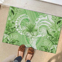 Polynesian Hibiscus Flower Tribal Rubber Doormat Lime Green Color