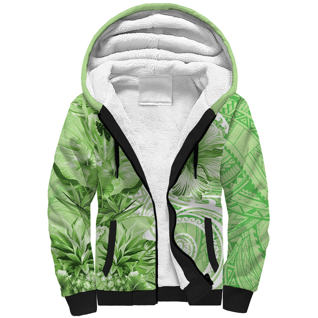 Polynesian Hibiscus Flower Tribal Sherpa Hoodie Lime Green Color