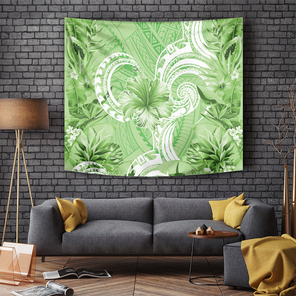 Polynesian Hibiscus Flower Tribal Tapestry Lime Green Color