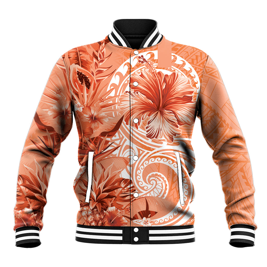Polynesian Hibiscus Flower Tribal Baseball Jacket Peach Color