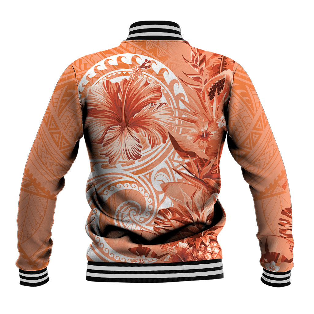 Polynesian Hibiscus Flower Tribal Baseball Jacket Peach Color