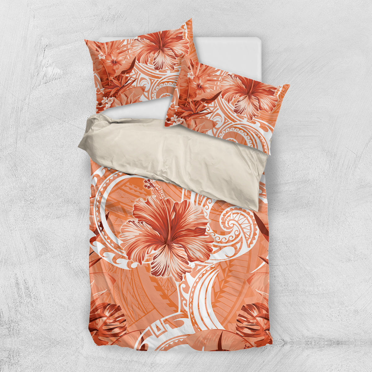 Polynesian Hibiscus Flower Tribal Bedding Set Peach Color