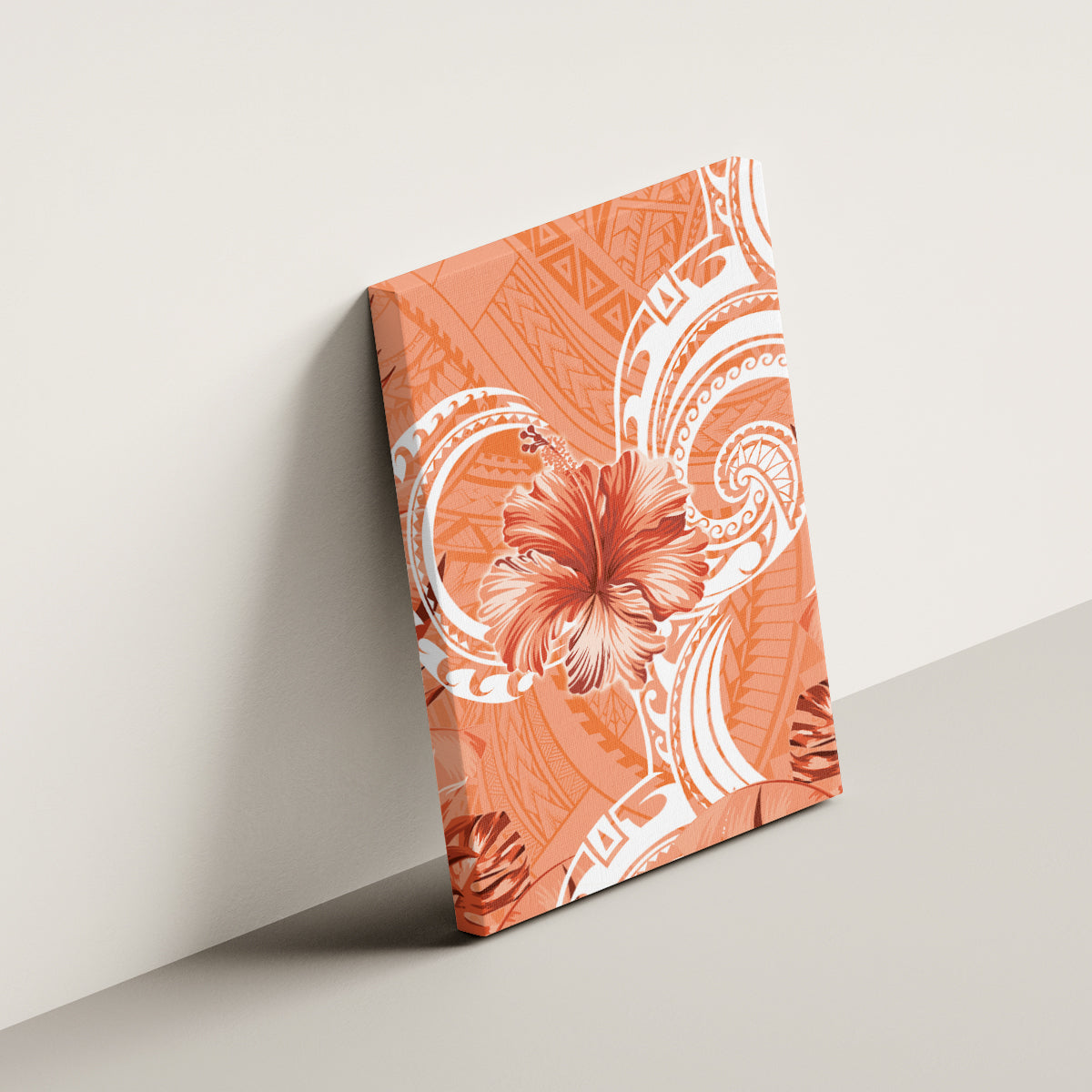 Polynesian Hibiscus Flower Tribal Canvas Wall Art Peach Color