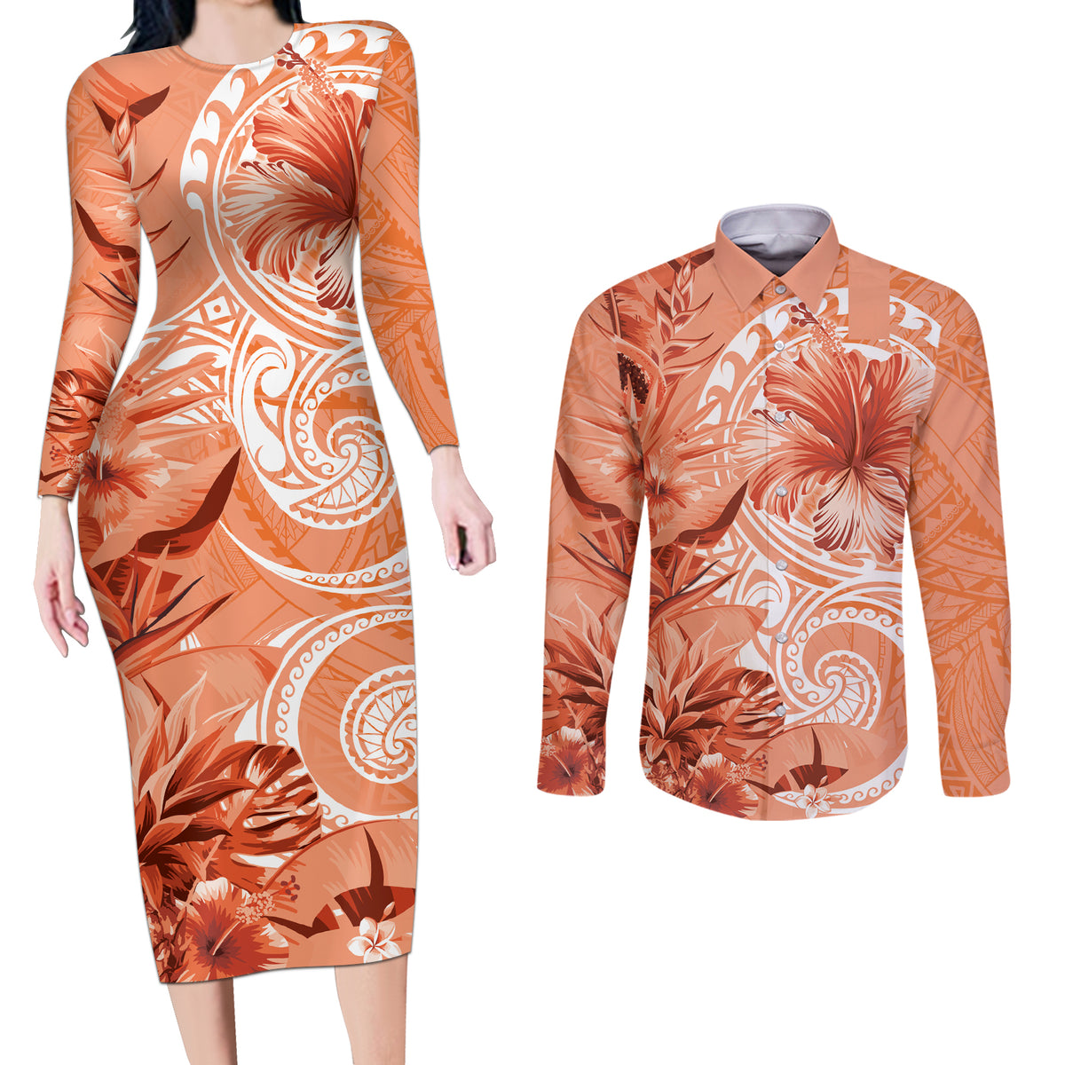 Polynesian Hibiscus Flower Tribal Couples Matching Long Sleeve Bodycon Dress and Long Sleeve Button Shirt Peach Color LT9 Peach - Polynesian Pride