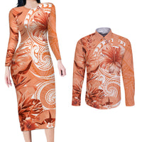 Polynesian Hibiscus Flower Tribal Couples Matching Long Sleeve Bodycon Dress and Long Sleeve Button Shirt Peach Color LT9 Peach - Polynesian Pride