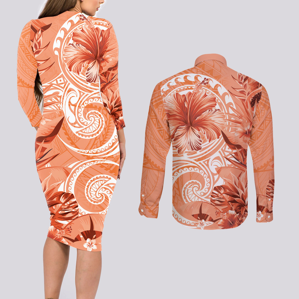 Polynesian Hibiscus Flower Tribal Couples Matching Long Sleeve Bodycon Dress and Long Sleeve Button Shirt Peach Color LT9 - Polynesian Pride