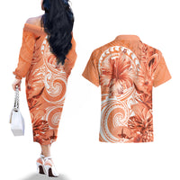 Polynesian Hibiscus Flower Tribal Couples Matching Off The Shoulder Long Sleeve Dress and Hawaiian Shirt Peach Color