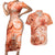 Polynesian Hibiscus Flower Tribal Couples Matching Short Sleeve Bodycon Dress and Hawaiian Shirt Peach Color