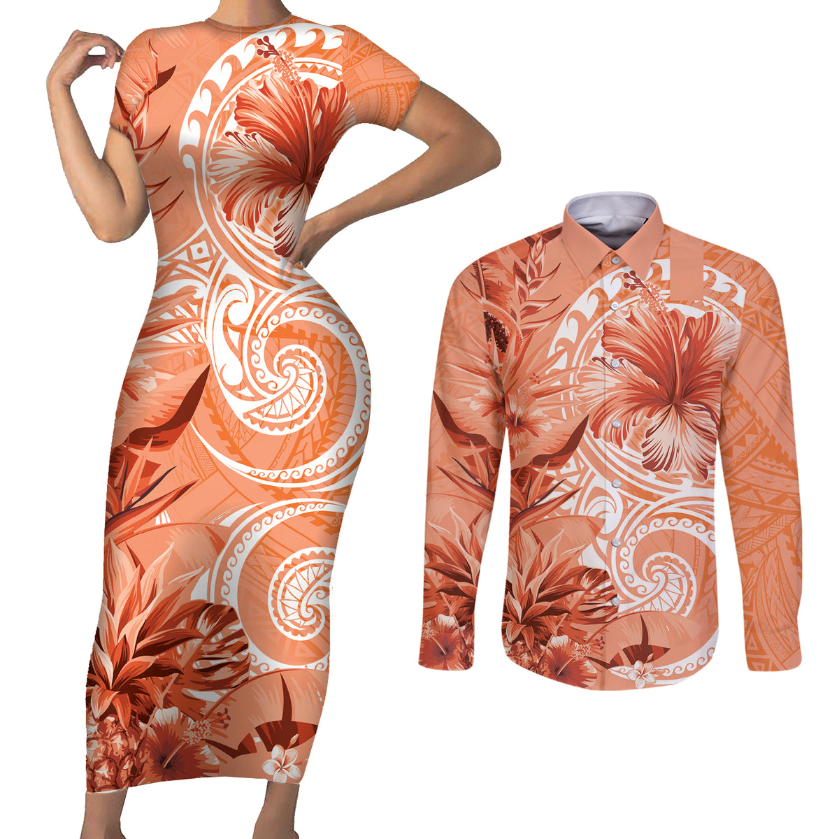 Polynesian Hibiscus Flower Tribal Couples Matching Short Sleeve Bodycon Dress and Long Sleeve Button Shirt Peach Color LT9 Peach - Polynesian Pride