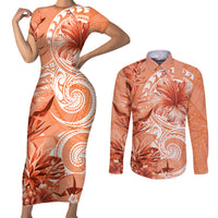 Polynesian Hibiscus Flower Tribal Couples Matching Short Sleeve Bodycon Dress and Long Sleeve Button Shirt Peach Color LT9 Peach - Polynesian Pride