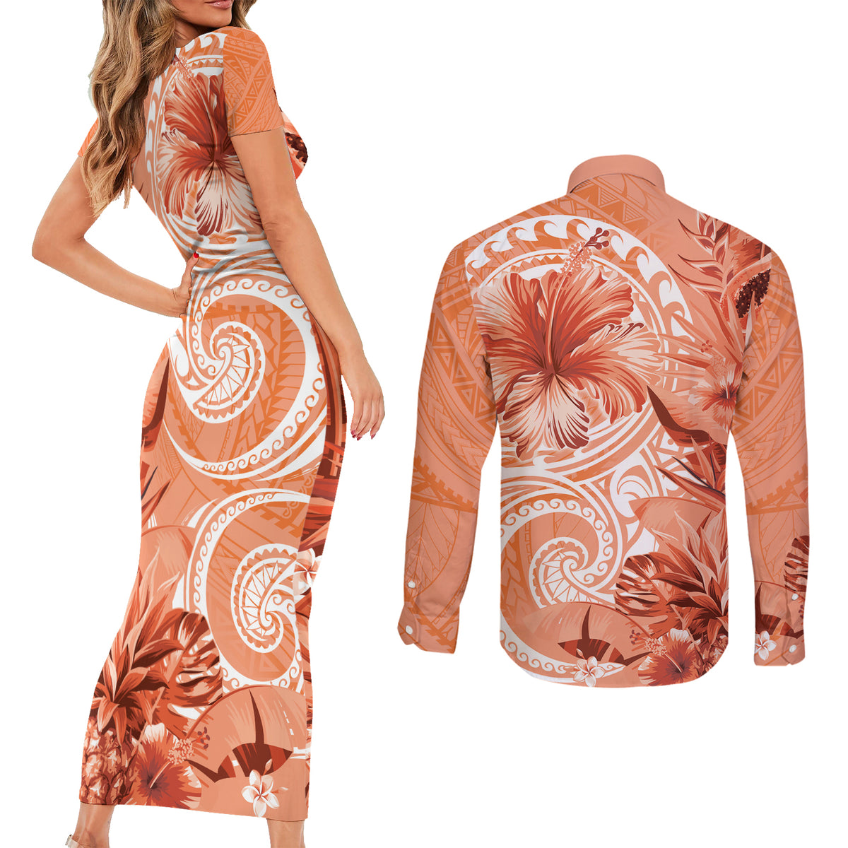 Polynesian Hibiscus Flower Tribal Couples Matching Short Sleeve Bodycon Dress and Long Sleeve Button Shirt Peach Color LT9 - Polynesian Pride