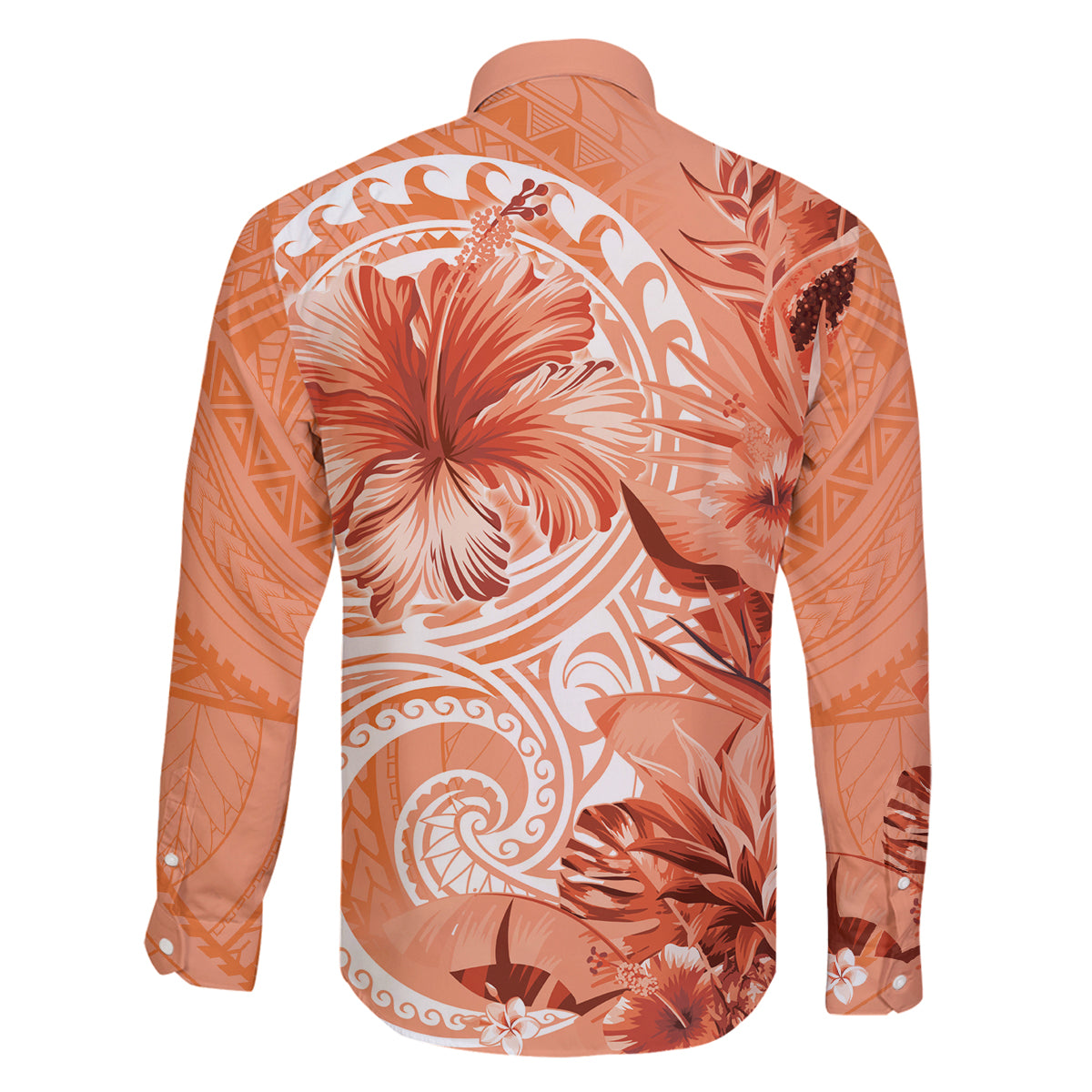 Polynesian Hibiscus Flower Tribal Family Matching Long Sleeve Bodycon Dress and Hawaiian Shirt Peach Color