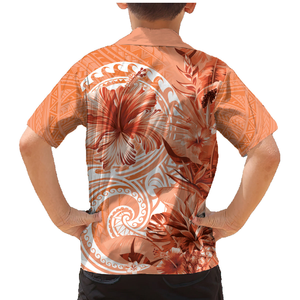 Polynesian Hibiscus Flower Tribal Family Matching Mermaid Dress and Hawaiian Shirt Peach Color LT9 - Polynesian Pride