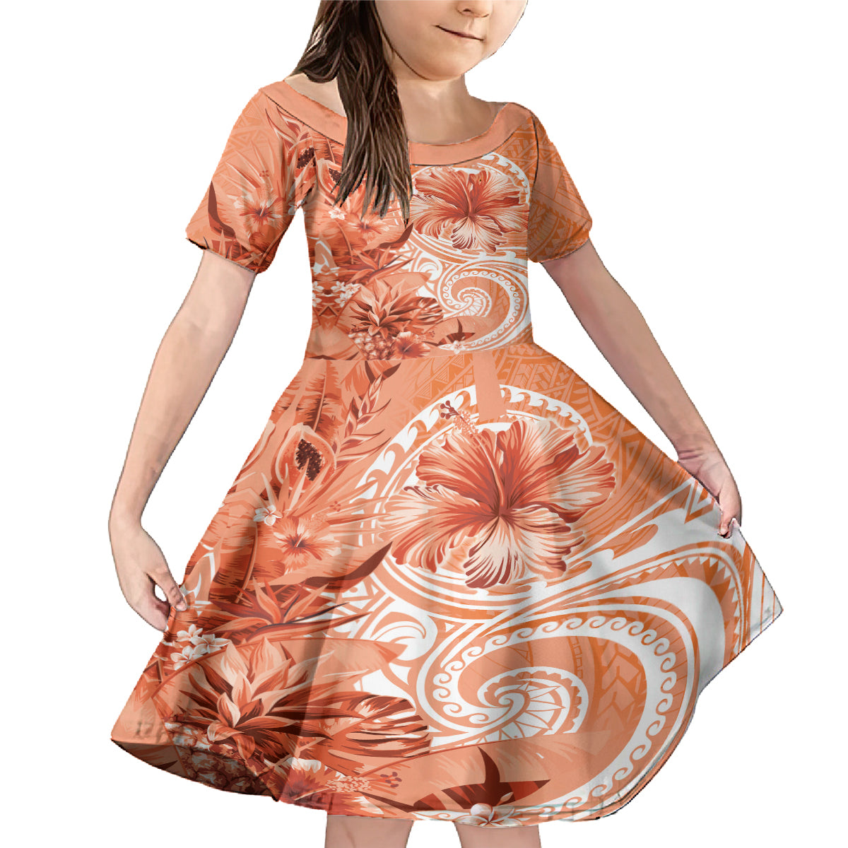 Polynesian Hibiscus Flower Tribal Family Matching Mermaid Dress and Hawaiian Shirt Peach Color LT9 Daughter's Dress Peach - Polynesian Pride