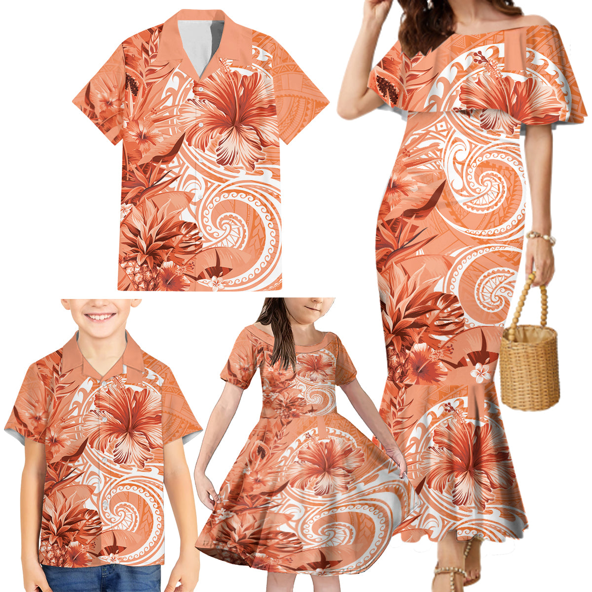 Polynesian Hibiscus Flower Tribal Family Matching Mermaid Dress and Hawaiian Shirt Peach Color LT9 - Polynesian Pride