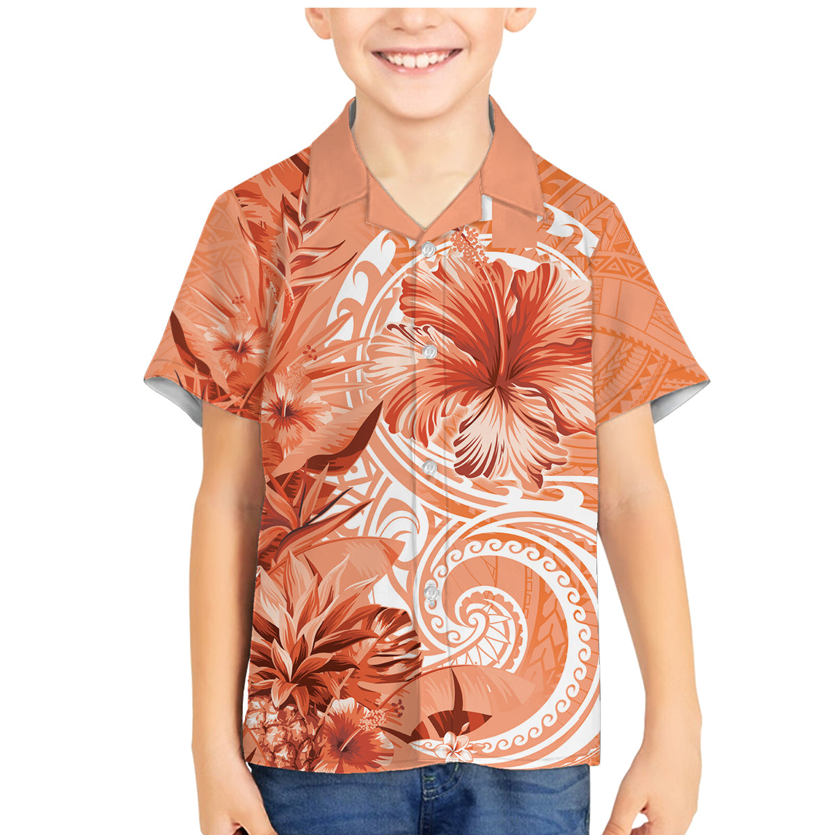 Polynesian Hibiscus Flower Tribal Family Matching Mermaid Dress and Hawaiian Shirt Peach Color LT9 Son's Shirt Peach - Polynesian Pride