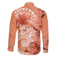 Polynesian Hibiscus Flower Tribal Family Matching Off The Shoulder Long Sleeve Dress and Hawaiian Shirt Peach Color