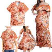 Polynesian Hibiscus Flower Tribal Family Matching Off Shoulder Maxi Dress and Hawaiian Shirt Peach Color LT9 - Polynesian Pride
