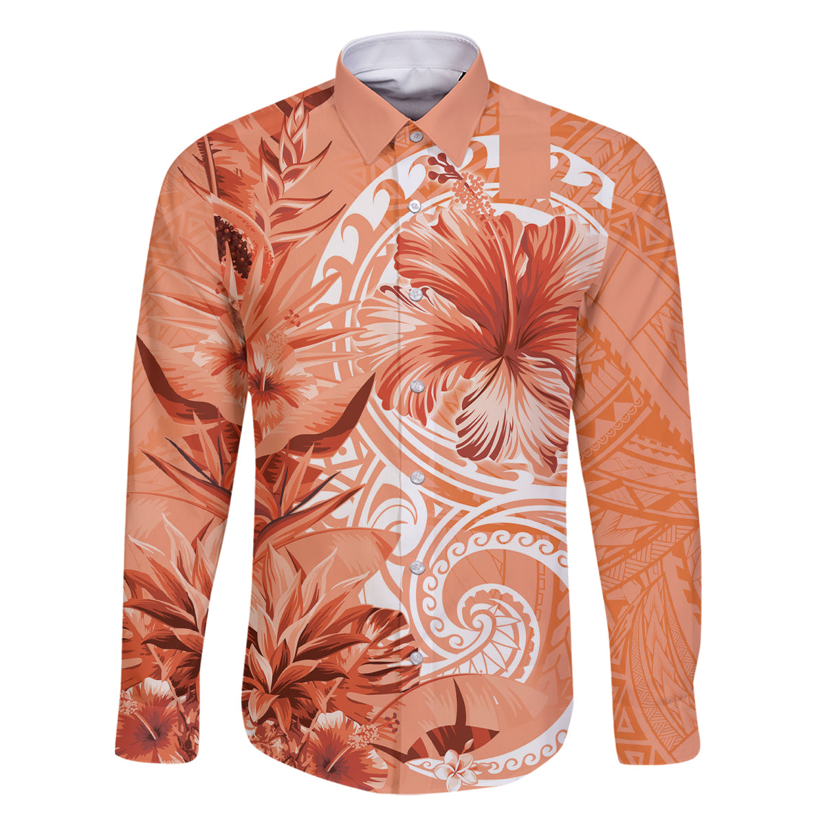 Polynesian Hibiscus Flower Tribal Family Matching Off Shoulder Maxi Dress and Hawaiian Shirt Peach Color LT9 Dad's Shirt - Long Sleeve Peach - Polynesian Pride