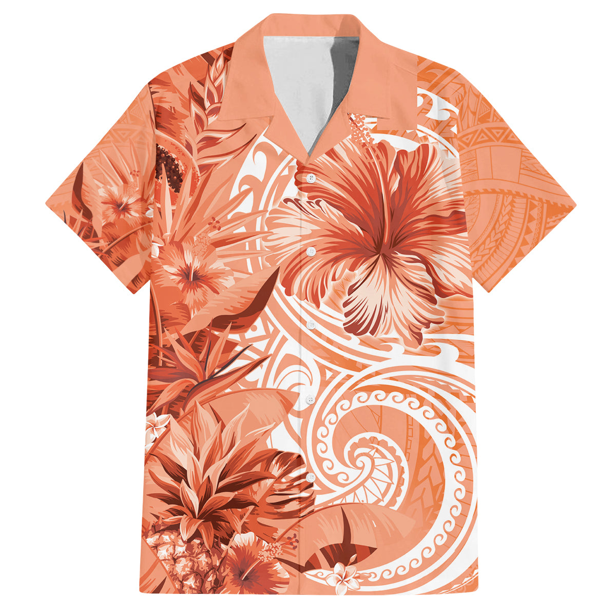 Polynesian Hibiscus Flower Tribal Family Matching Off Shoulder Short Dress and Hawaiian Shirt Peach Color LT9 Dad's Shirt - Short Sleeve Peach - Polynesian Pride