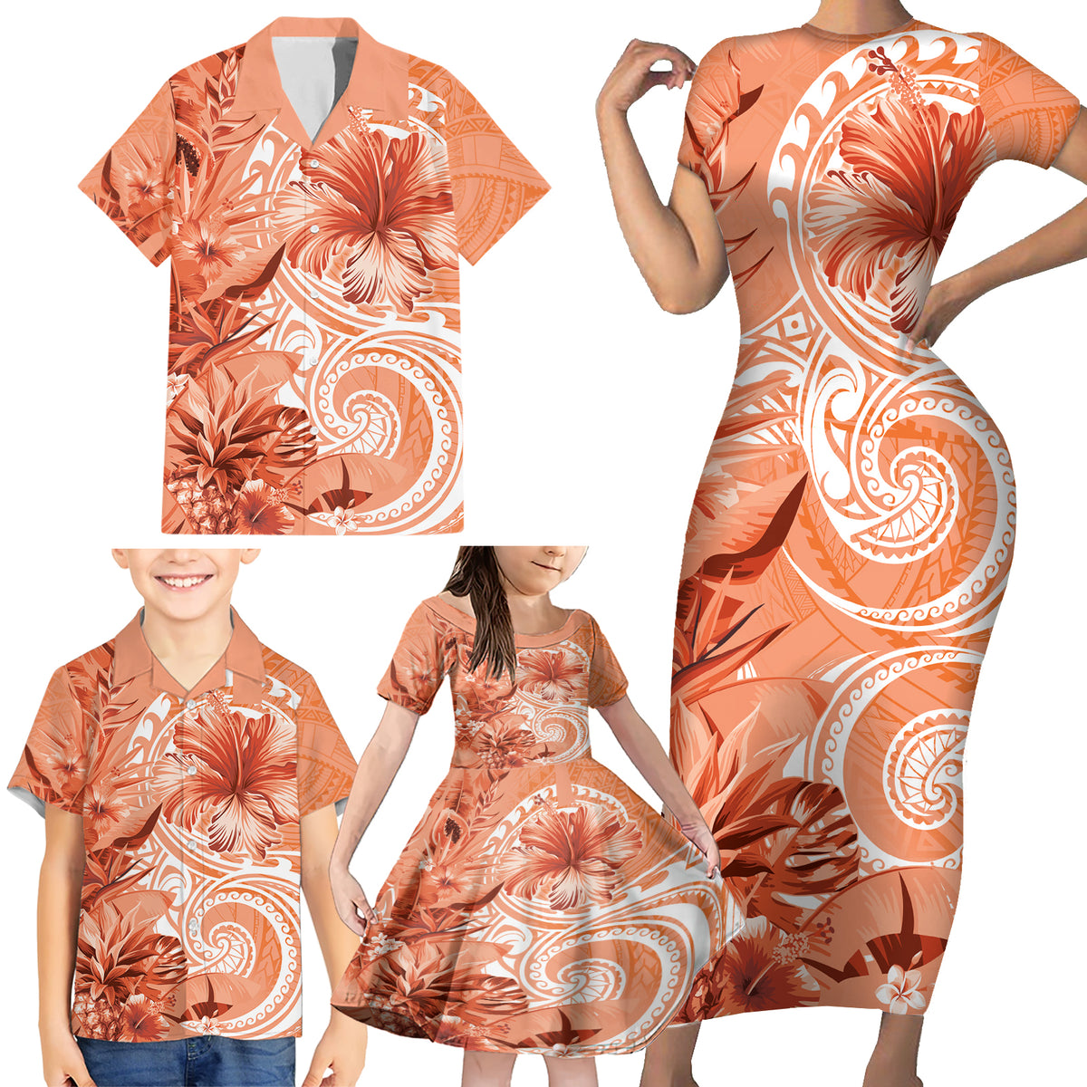 Polynesian Hibiscus Flower Tribal Family Matching Short Sleeve Bodycon Dress and Hawaiian Shirt Peach Color LT9 - Polynesian Pride