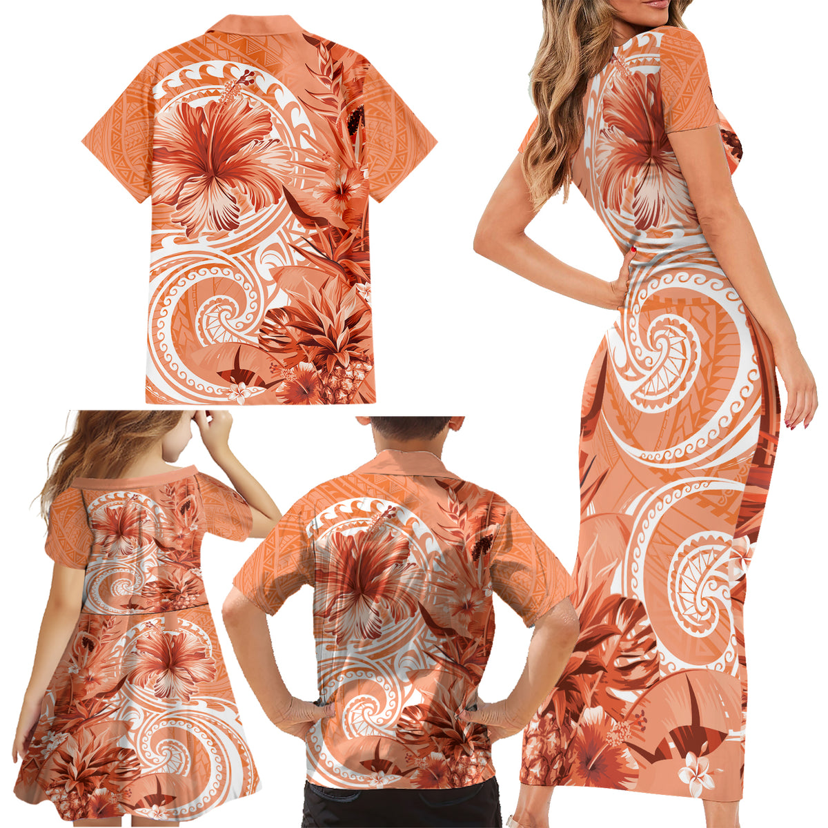 Polynesian Hibiscus Flower Tribal Family Matching Short Sleeve Bodycon Dress and Hawaiian Shirt Peach Color LT9 - Polynesian Pride