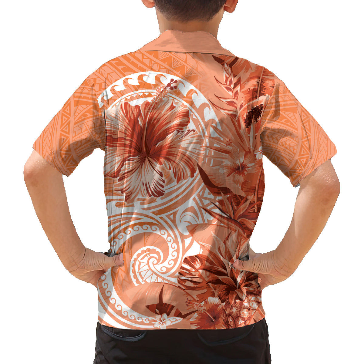 Polynesian Hibiscus Flower Tribal Family Matching Summer Maxi Dress and Hawaiian Shirt Peach Color LT9 - Polynesian Pride