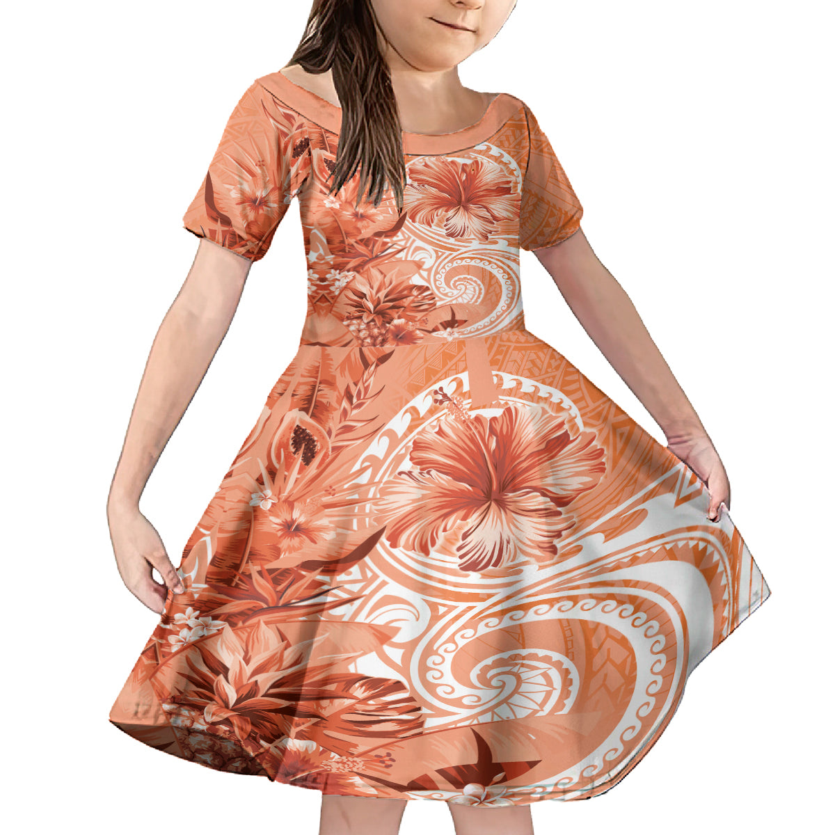 Polynesian Hibiscus Flower Tribal Family Matching Tank Maxi Dress and Hawaiian Shirt Peach Color LT9 Daughter's Dress Peach - Polynesian Pride
