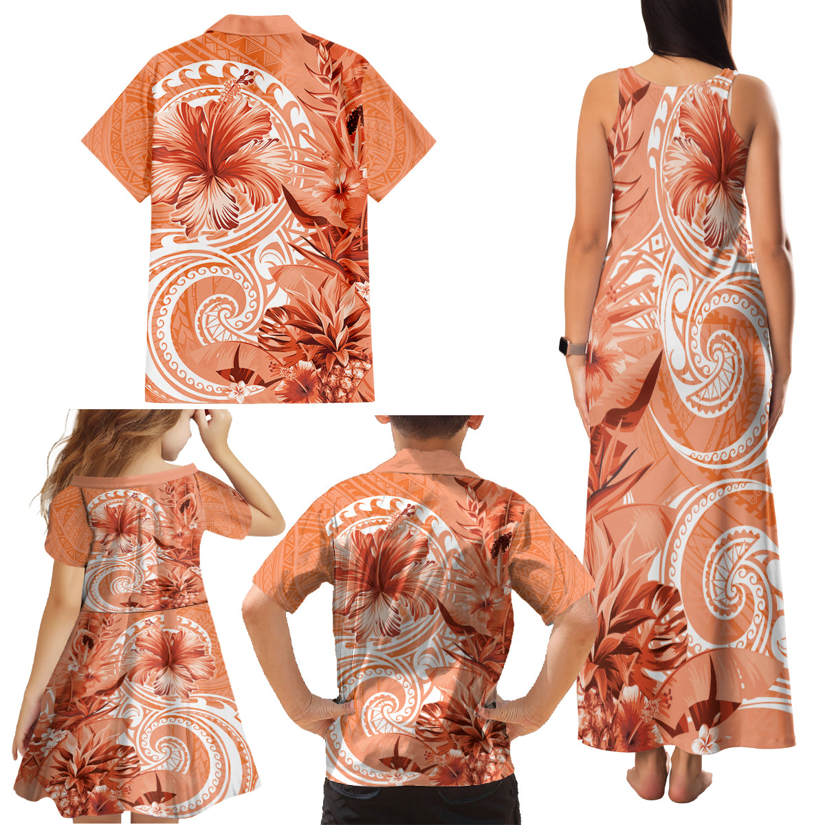 Polynesian Hibiscus Flower Tribal Family Matching Tank Maxi Dress and Hawaiian Shirt Peach Color LT9 - Polynesian Pride