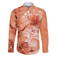 Polynesian Hibiscus Flower Tribal Family Matching Tank Maxi Dress and Hawaiian Shirt Peach Color LT9 Dad's Shirt - Long Sleeve Peach - Polynesian Pride