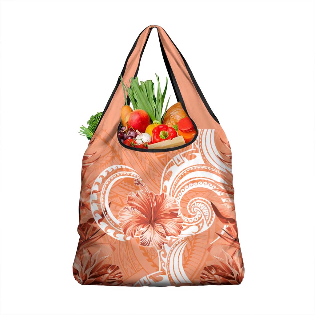 Polynesian Hibiscus Flower Tribal Grocery Bag Peach Color