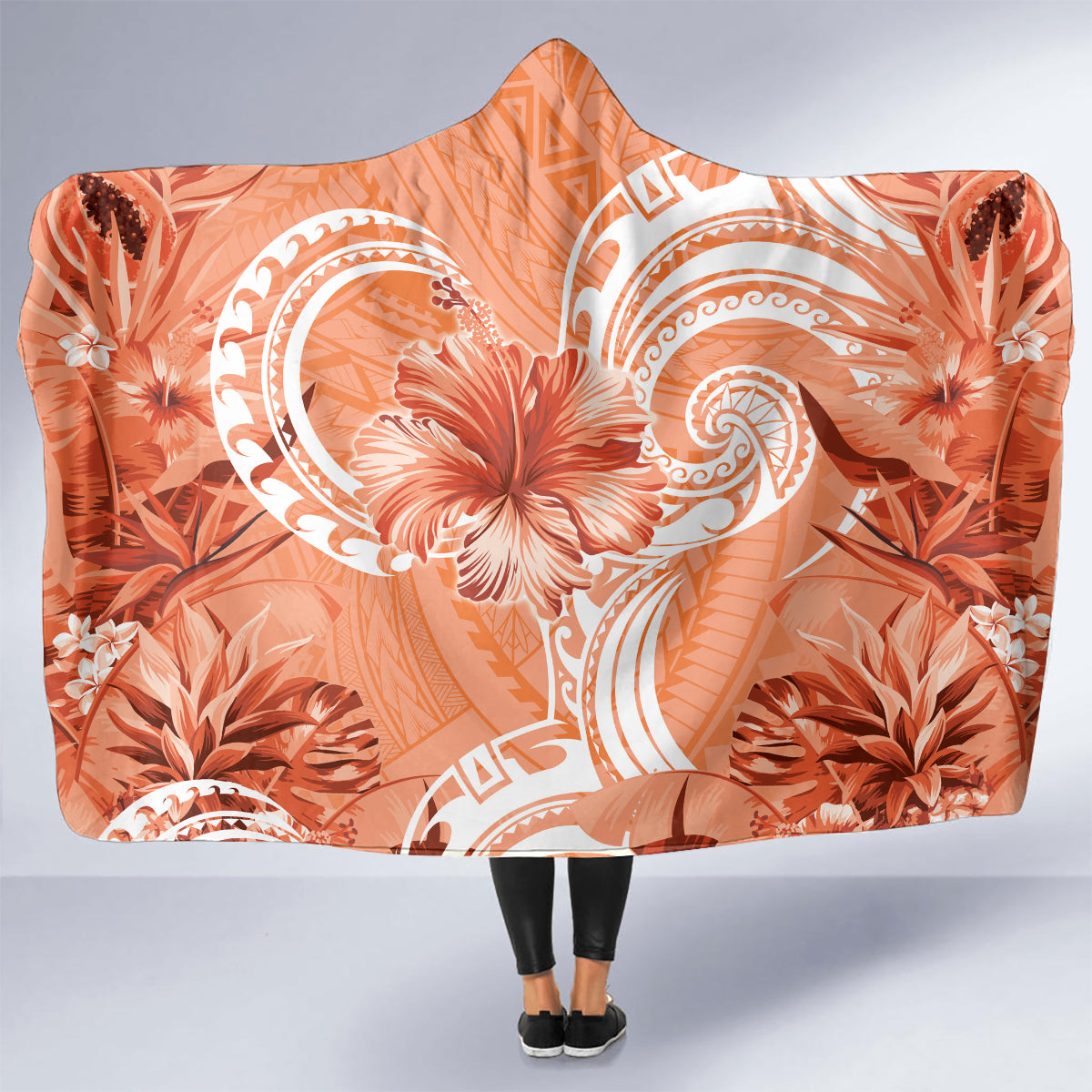 Polynesian Hibiscus Flower Tribal Hooded Blanket Peach Color