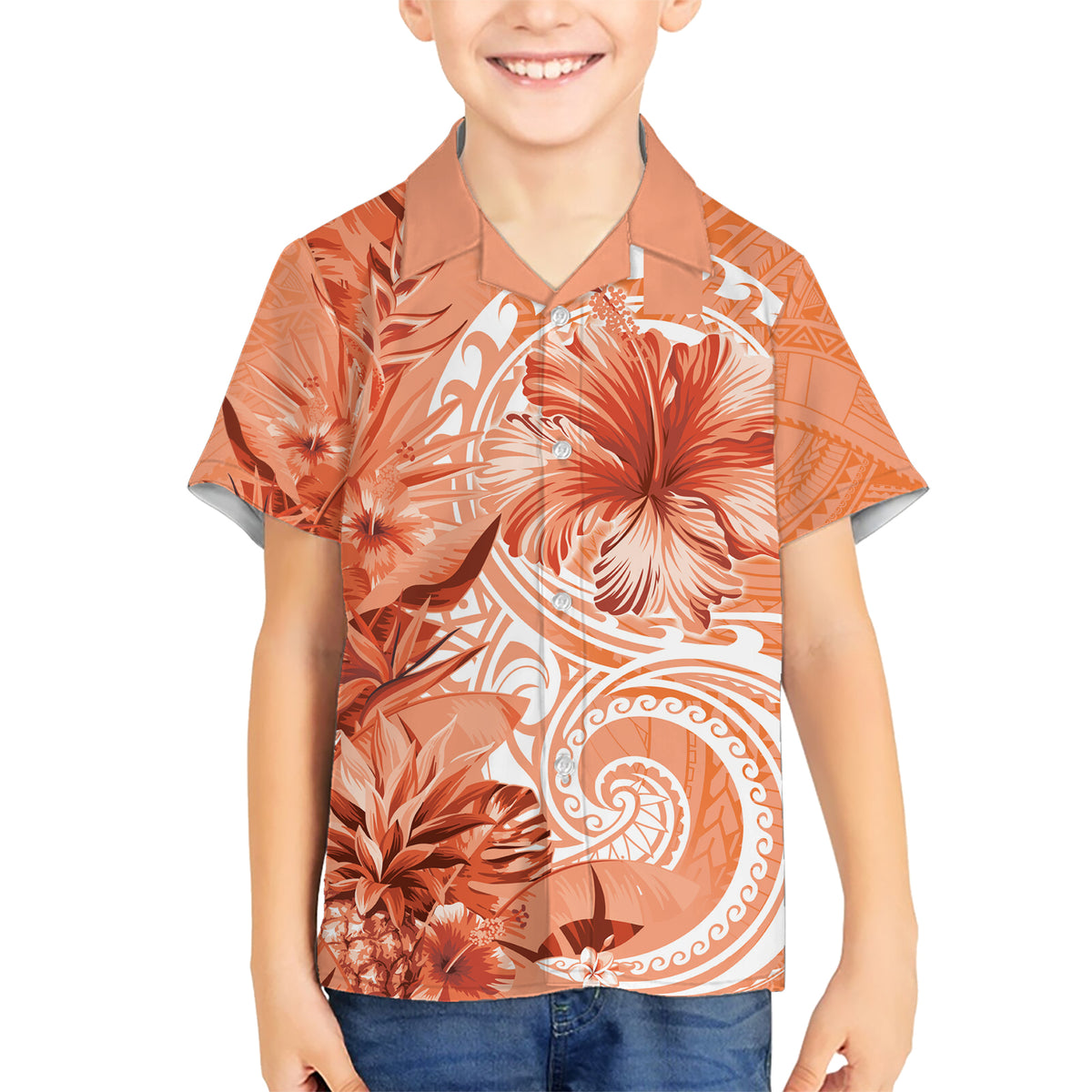 Polynesian Hibiscus Flower Tribal Kid Hawaiian Shirt Peach Color