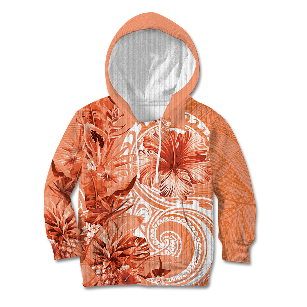 Polynesian Hibiscus Flower Tribal Kid Hoodie Peach Color