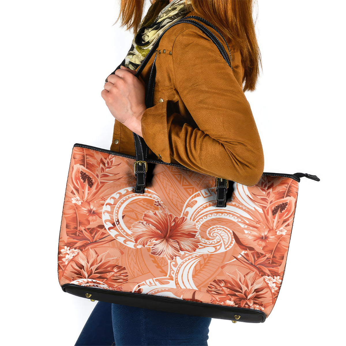 Polynesian Hibiscus Flower Tribal Leather Tote Bag Peach Color LT9 Peach - Polynesian Pride