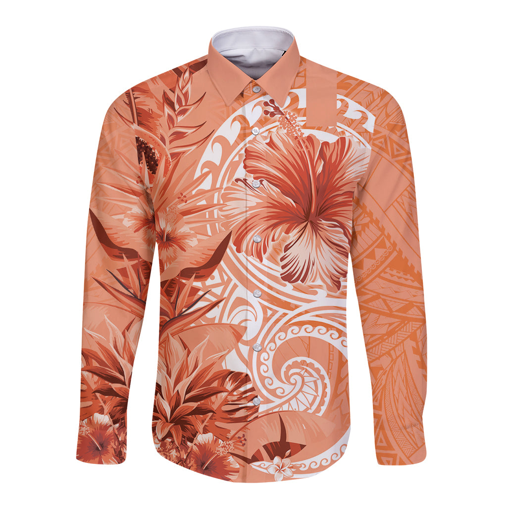 Polynesian Hibiscus Flower Tribal Long Sleeve Button Shirt Peach Color