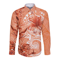 Polynesian Hibiscus Flower Tribal Long Sleeve Button Shirt Peach Color