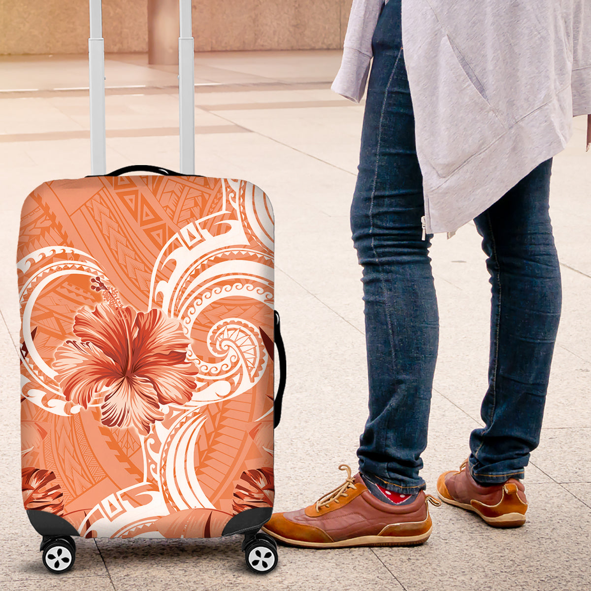 Polynesian Hibiscus Flower Tribal Luggage Cover Peach Color